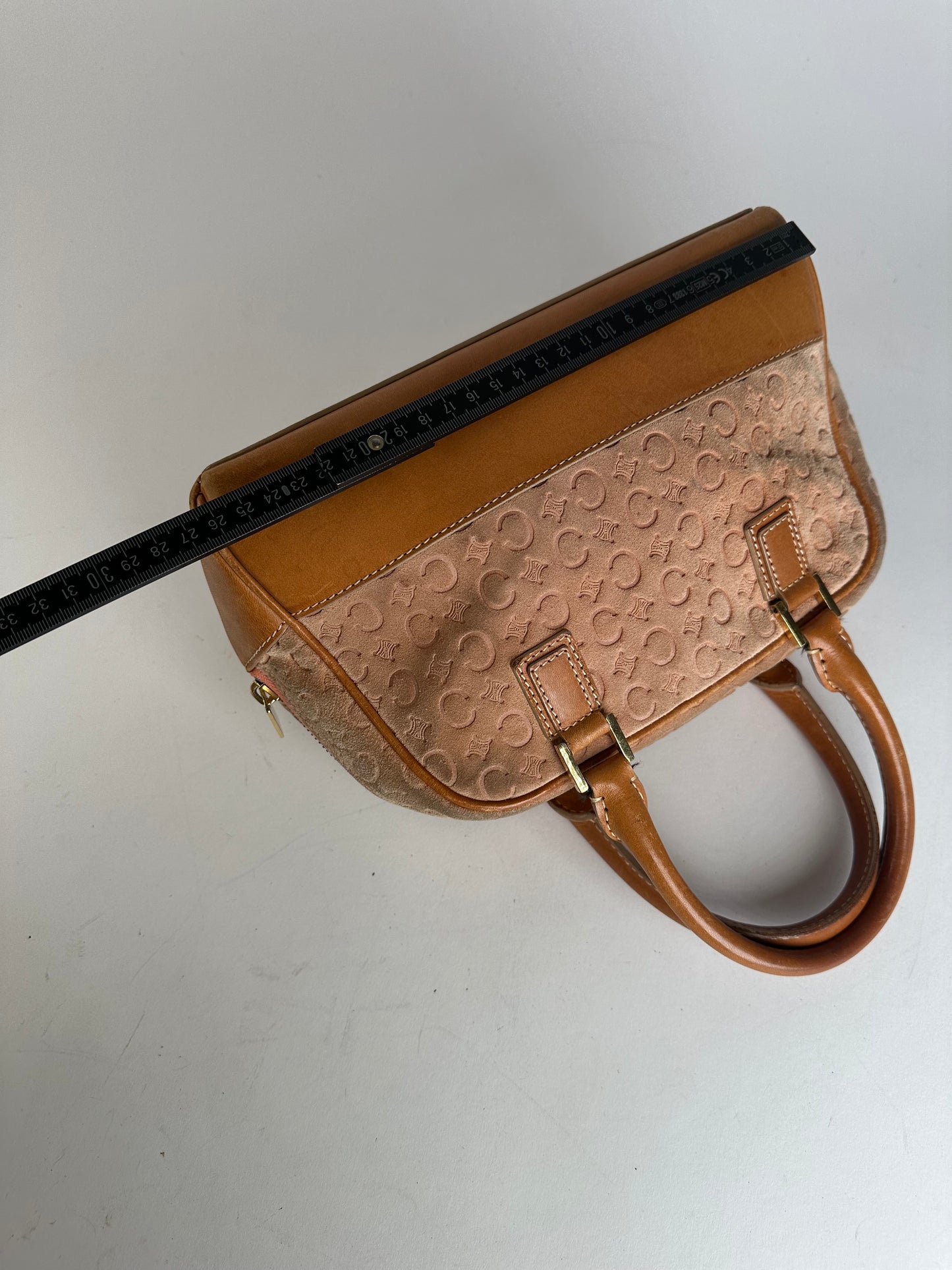 Vintage Celine Paris Triomphe Monogram Leather Velour Leather Handbag Pink Brown