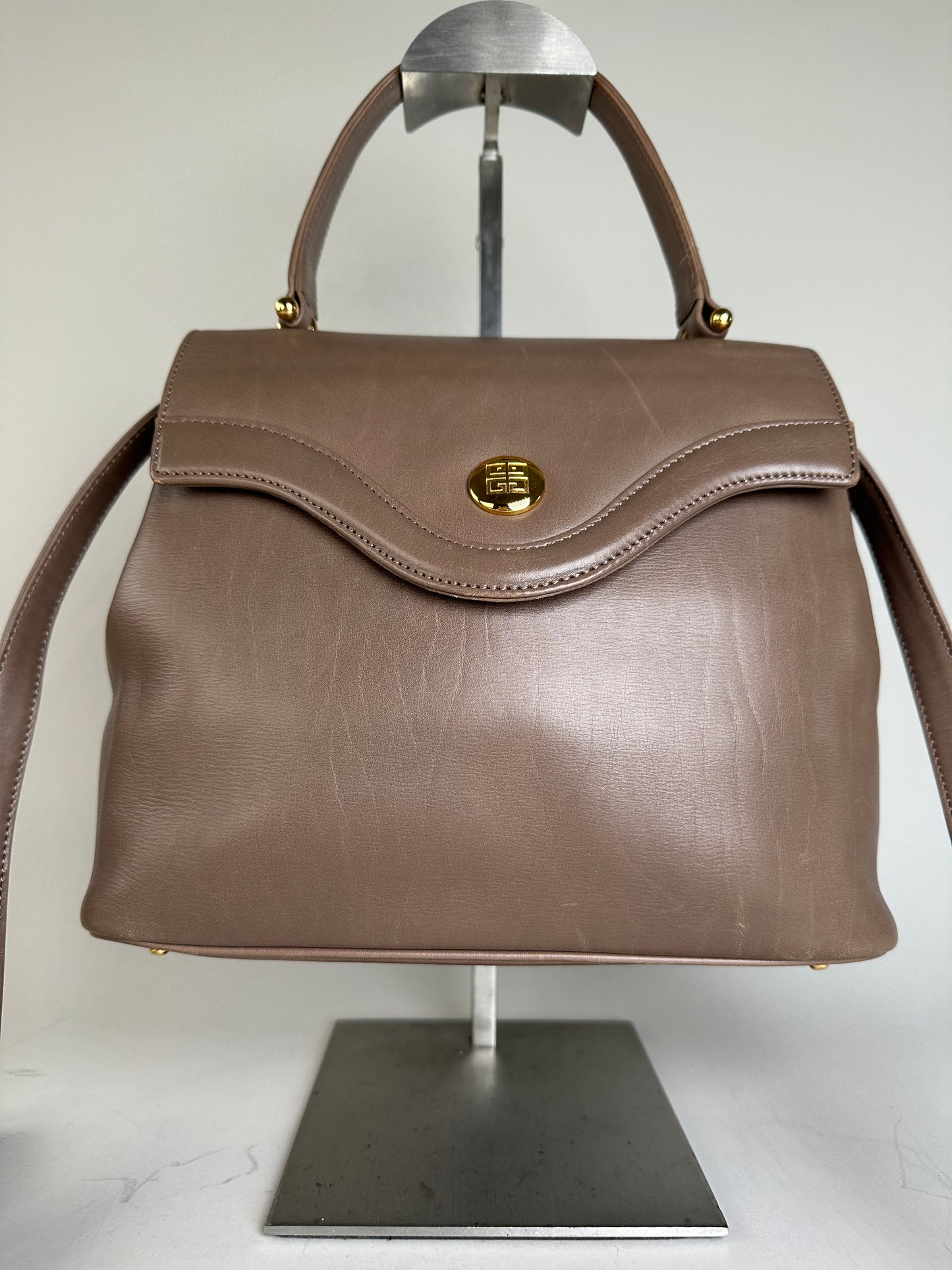 Vintage Givenchy Structured Leather Handbag Brown Gold Clasp