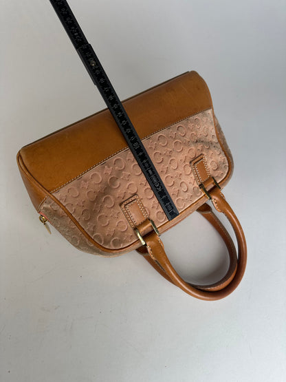 Vintage Celine Paris Triomphe Monogram Leather Velour Leather Handbag Pink Brown