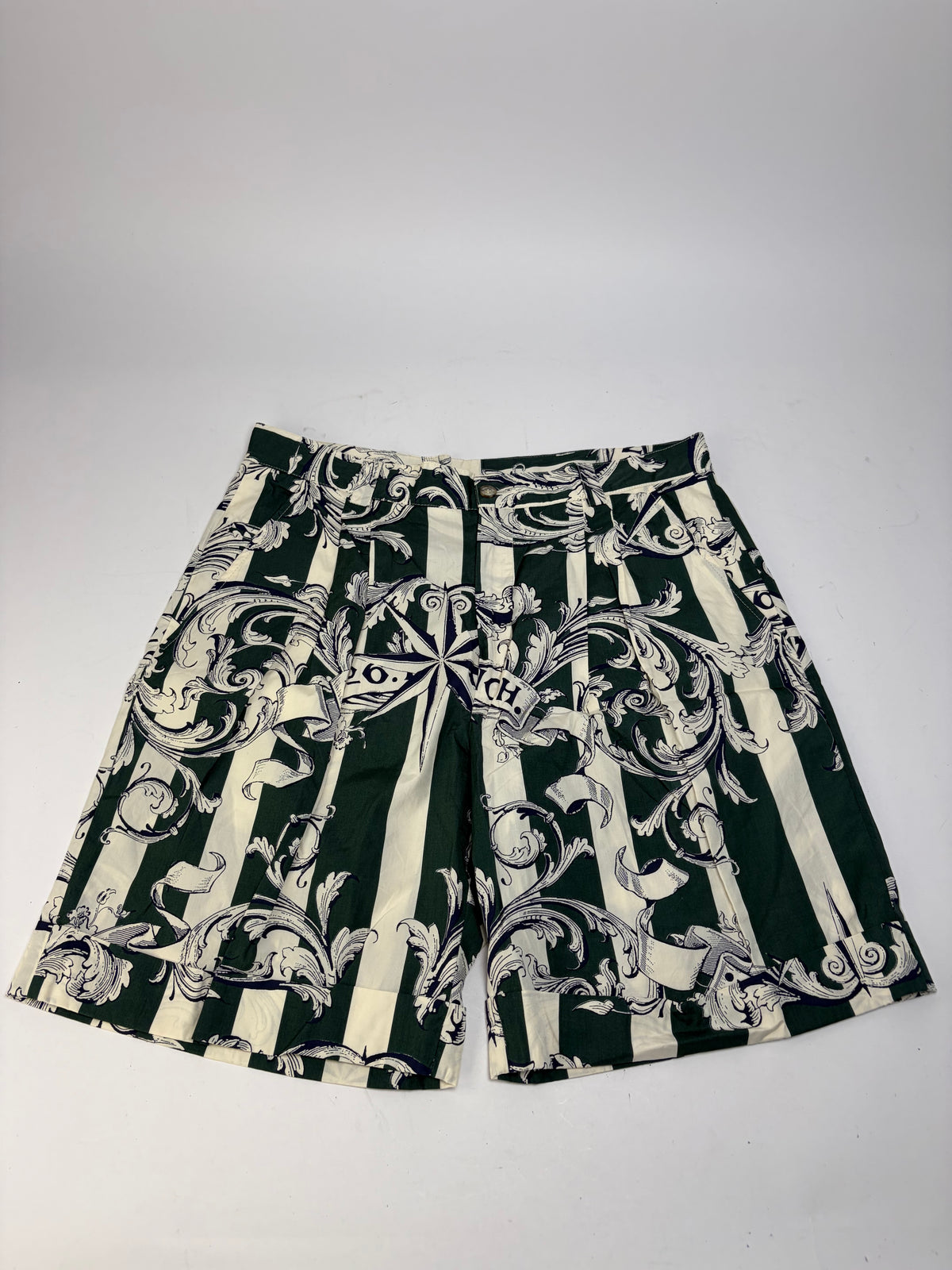 Vintage Givenchy Men's Cotton Floral Shorts Late 1980s Green Cream M