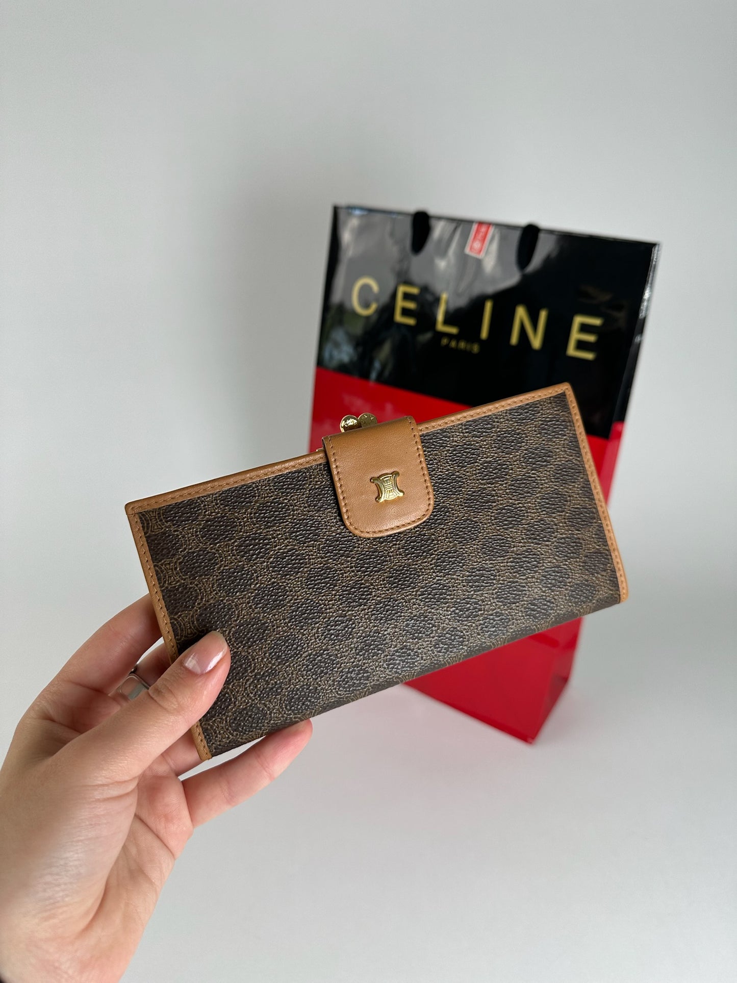 Vintage Celine Paris monogram leather wallet brown