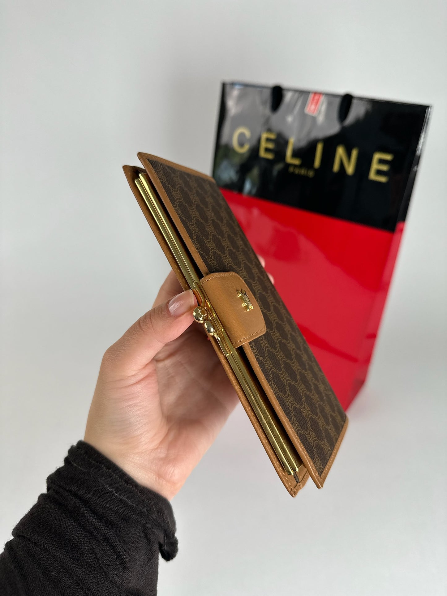 Vintage Celine Paris monogram leather wallet brown