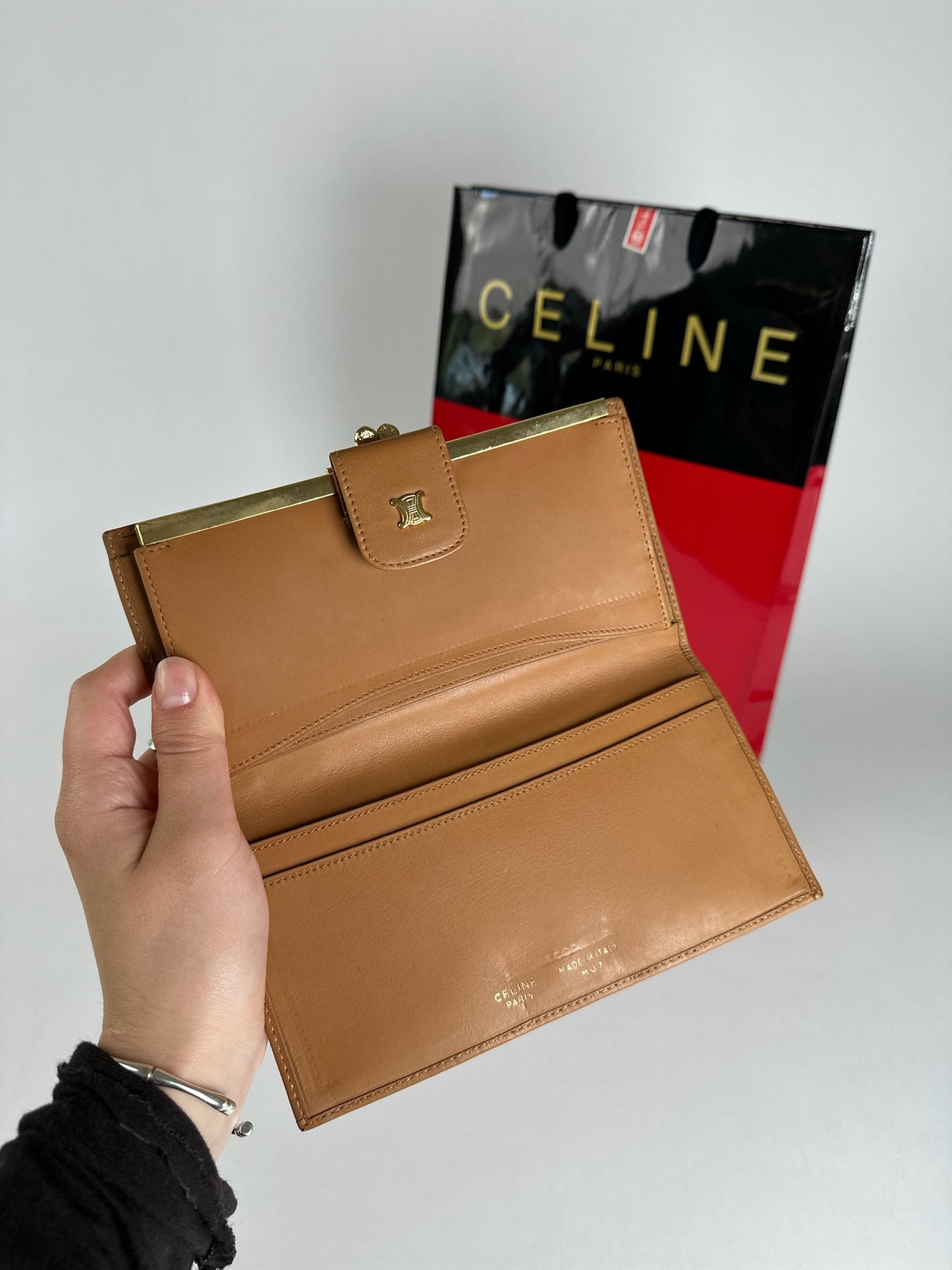Vintage Celine Paris monogram leather wallet brown