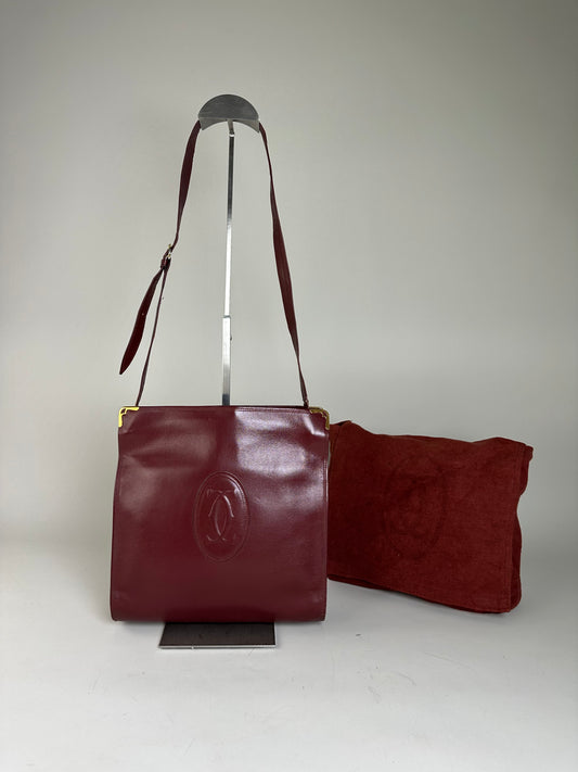 Vintage Cartier Leather Shoulder Bag Burgundy Gold