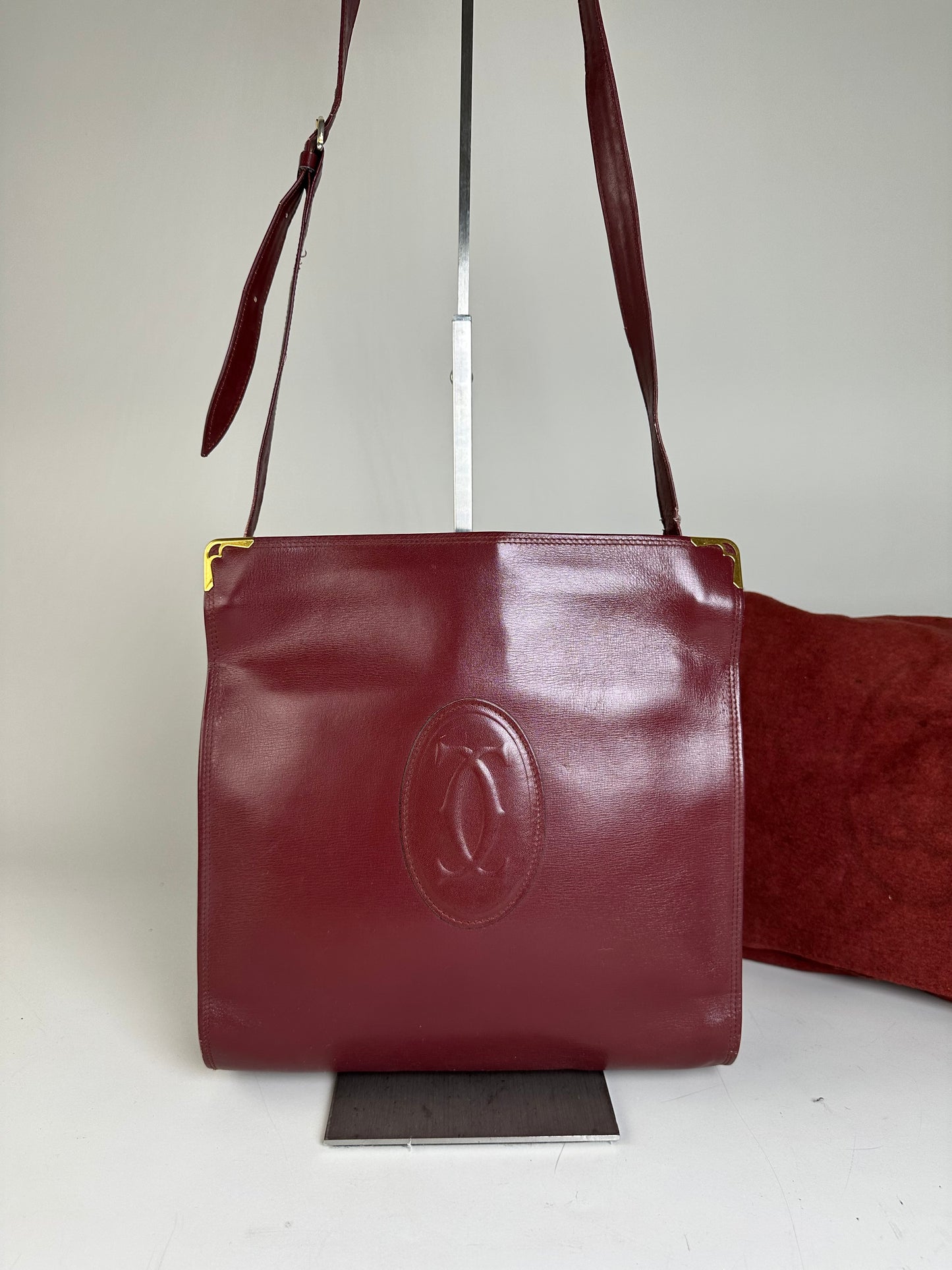 Vintage Cartier Leather Shoulder Bag Burgundy Gold