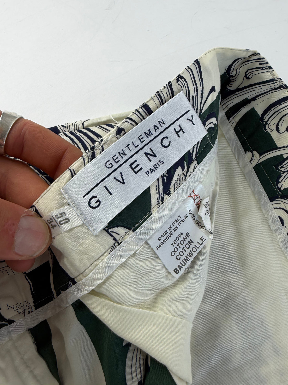 Vintage Givenchy Men's Cotton Floral Shorts Late 1980s Green Cream M