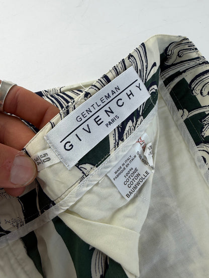 Vintage Givenchy Men's Cotton Floral Shorts Late 1980s Green Cream M