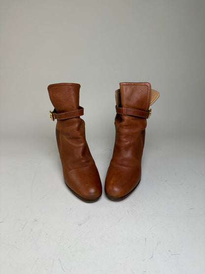 Vintage Chloe Leather Ankle Boots Brown Gold Buckle EU38