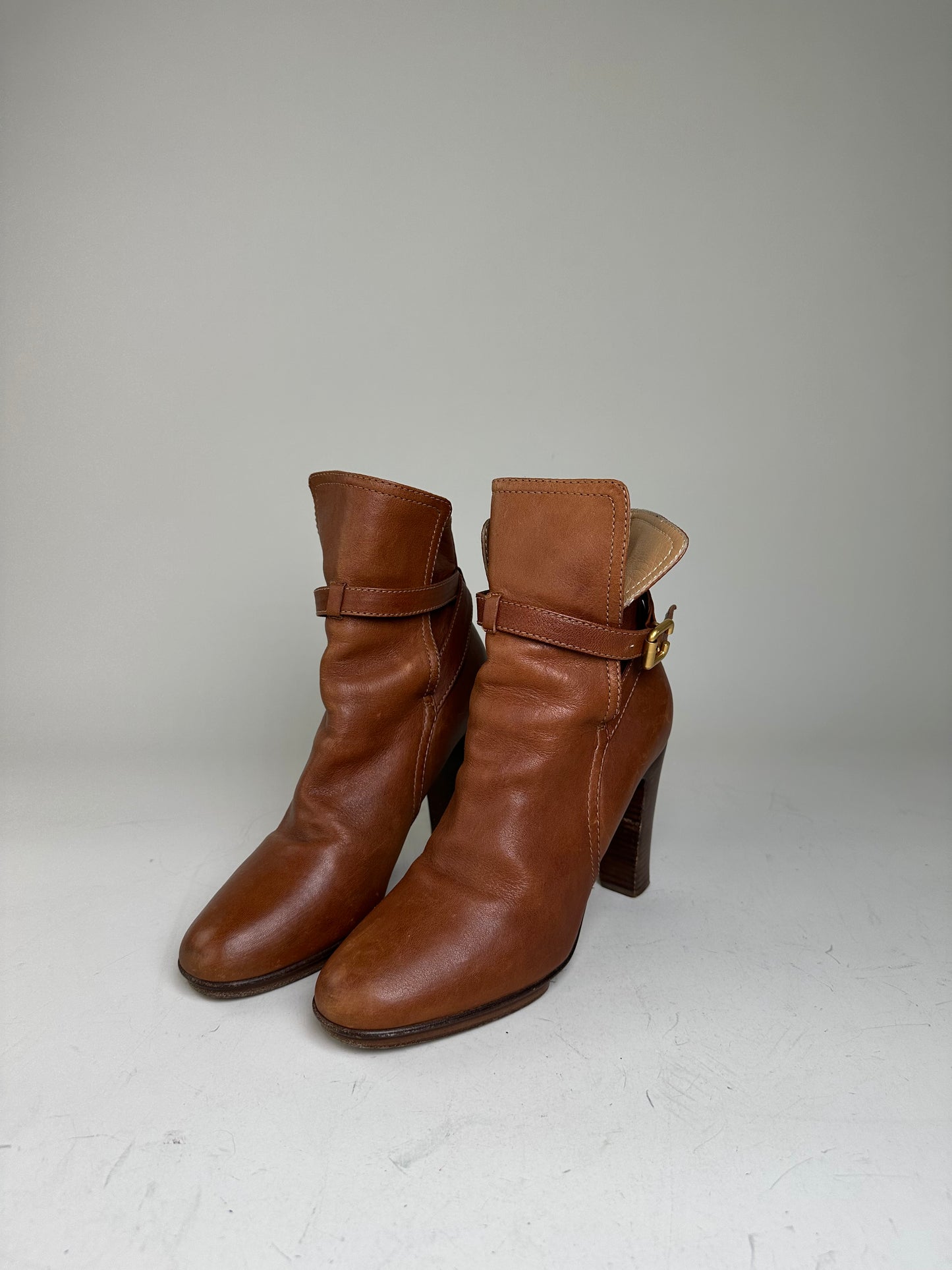 Vintage Chloe Leather Ankle Boots Brown Gold Buckle EU38