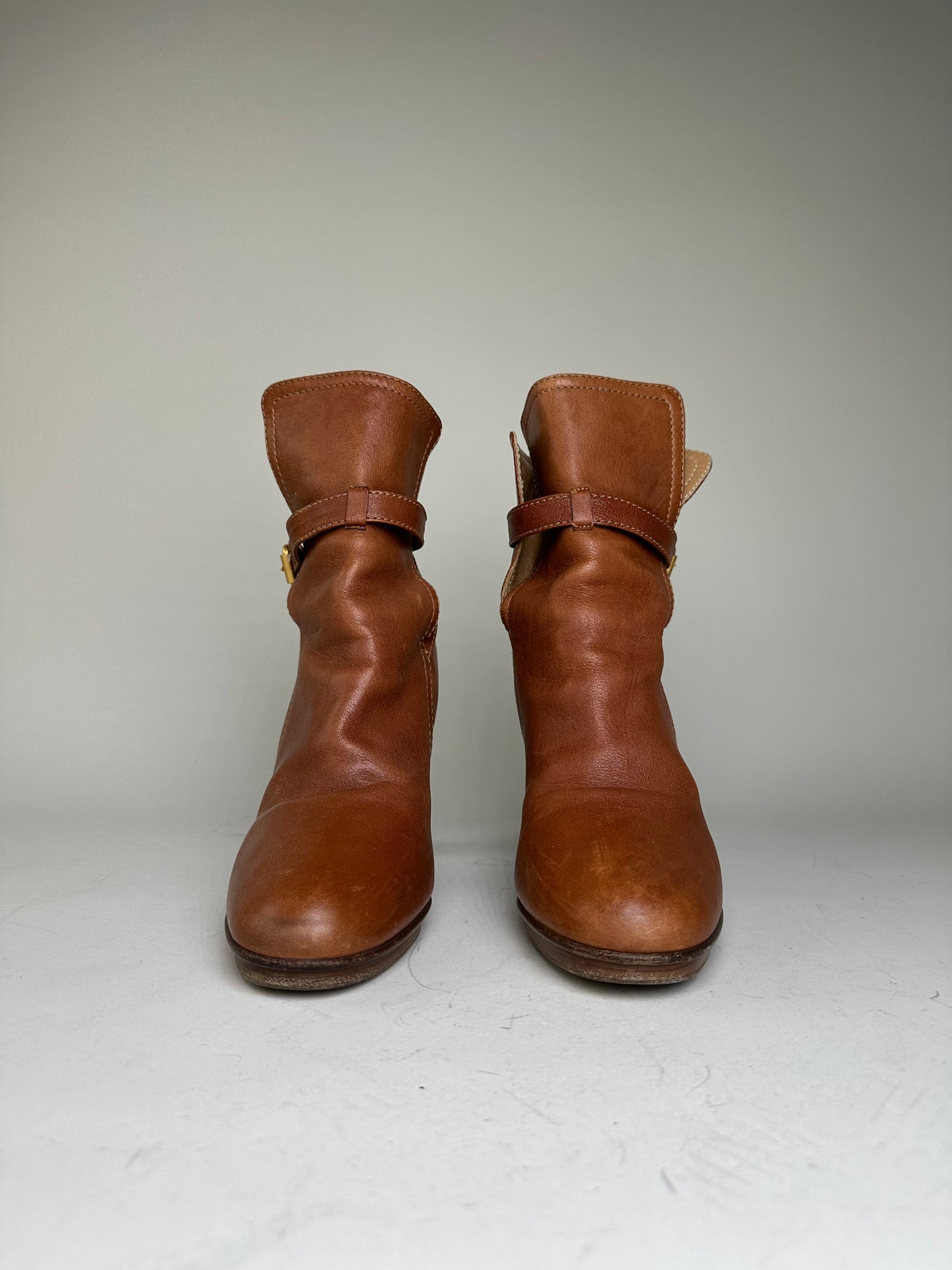 Vintage Chloe Leather Ankle Boots Brown Gold Buckle EU38