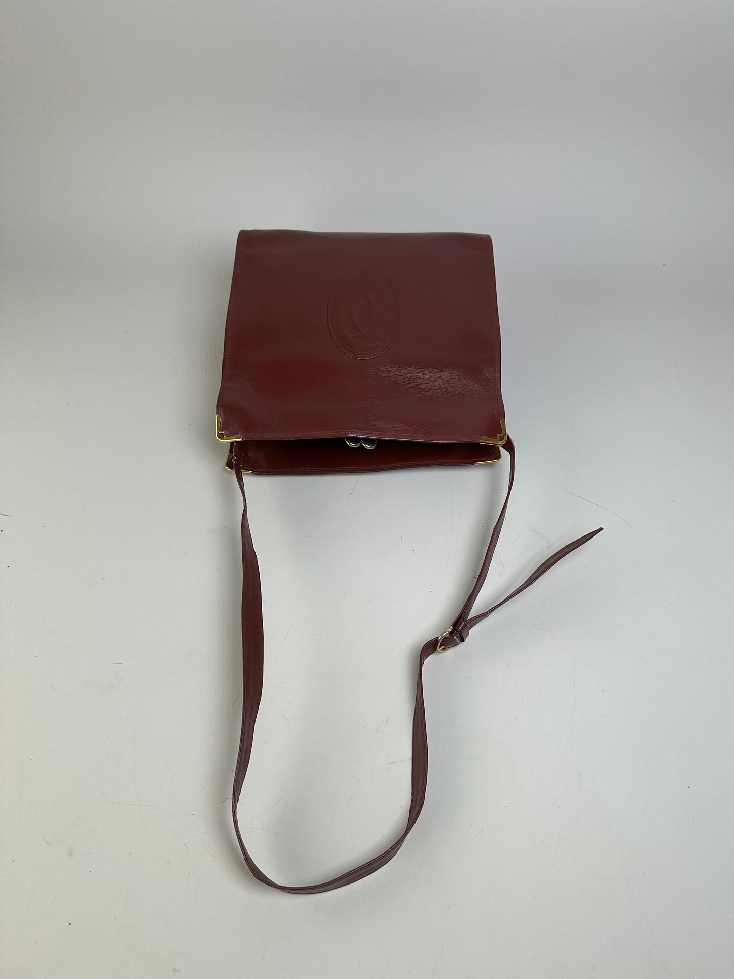Vintage Cartier Leather Shoulder Bag Burgundy Gold