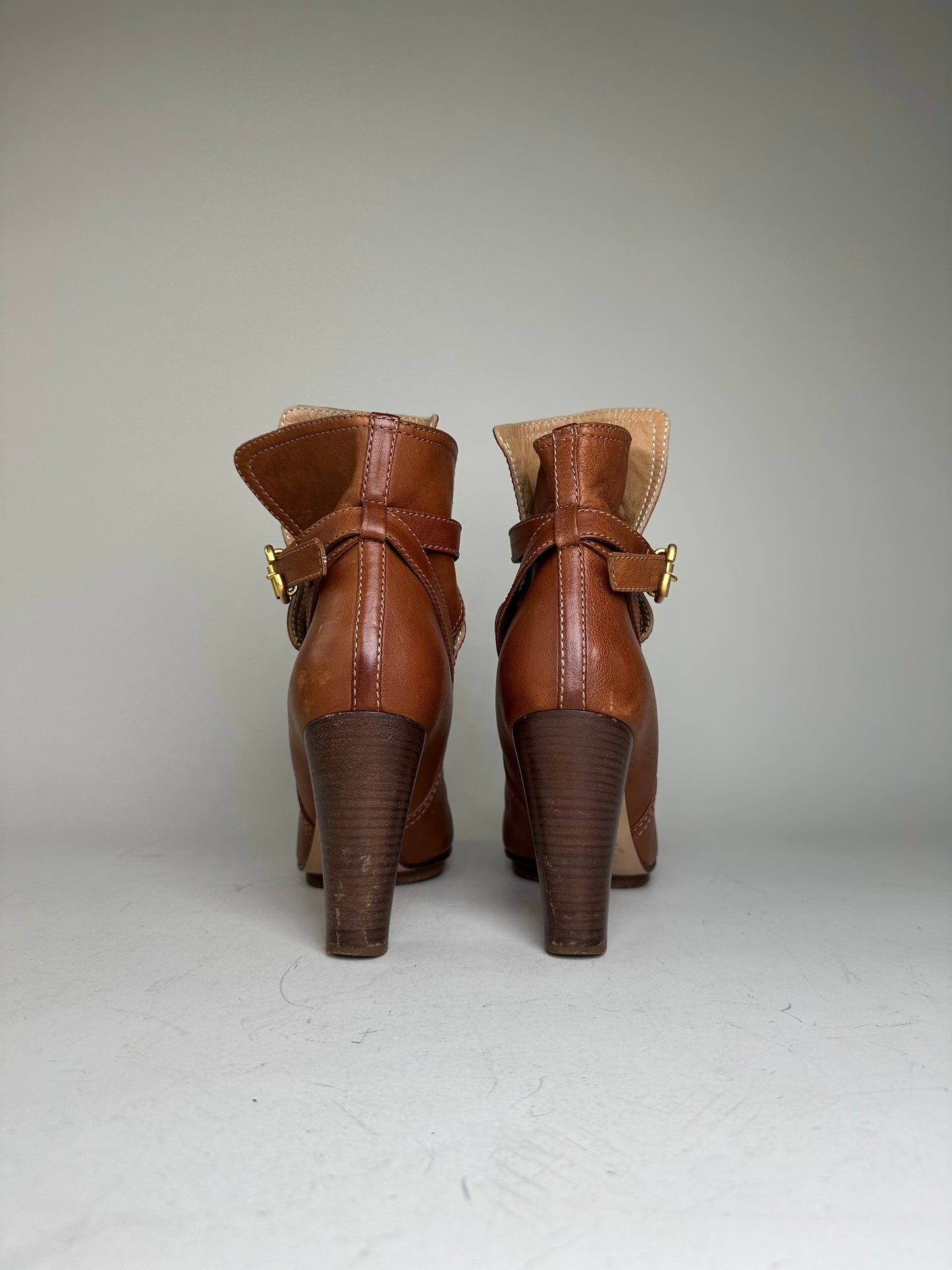 Vintage Chloe Leather Ankle Boots Brown Gold Buckle EU38