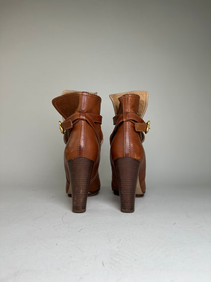 Vintage Chloe Leather Ankle Boots Brown Gold Buckle EU38