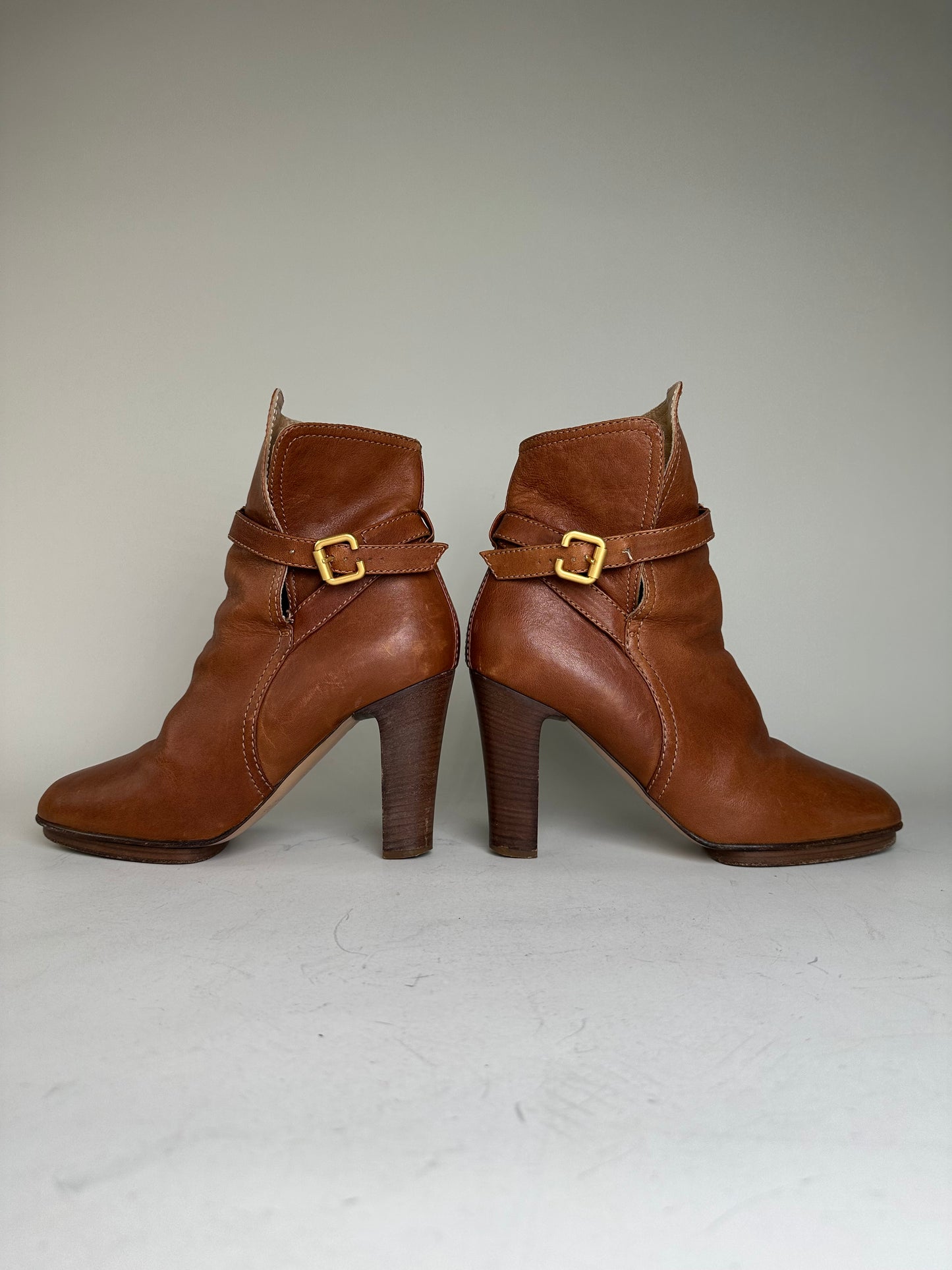 Vintage Chloe Leather Ankle Boots Brown Gold Buckle EU38
