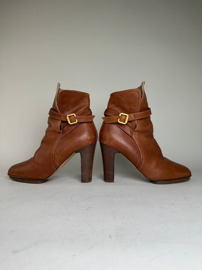 Vintage Chloe Leather Ankle Boots Brown Gold Buckle EU38