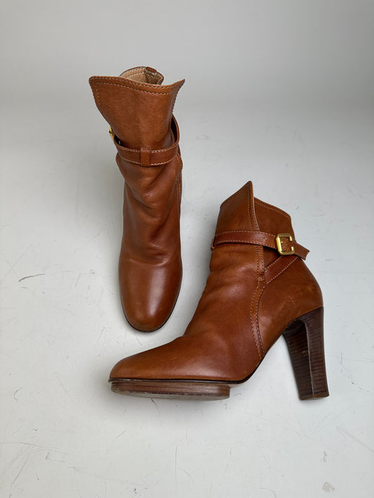Vintage Chloe Leather Ankle Boots Brown Gold Buckle EU38