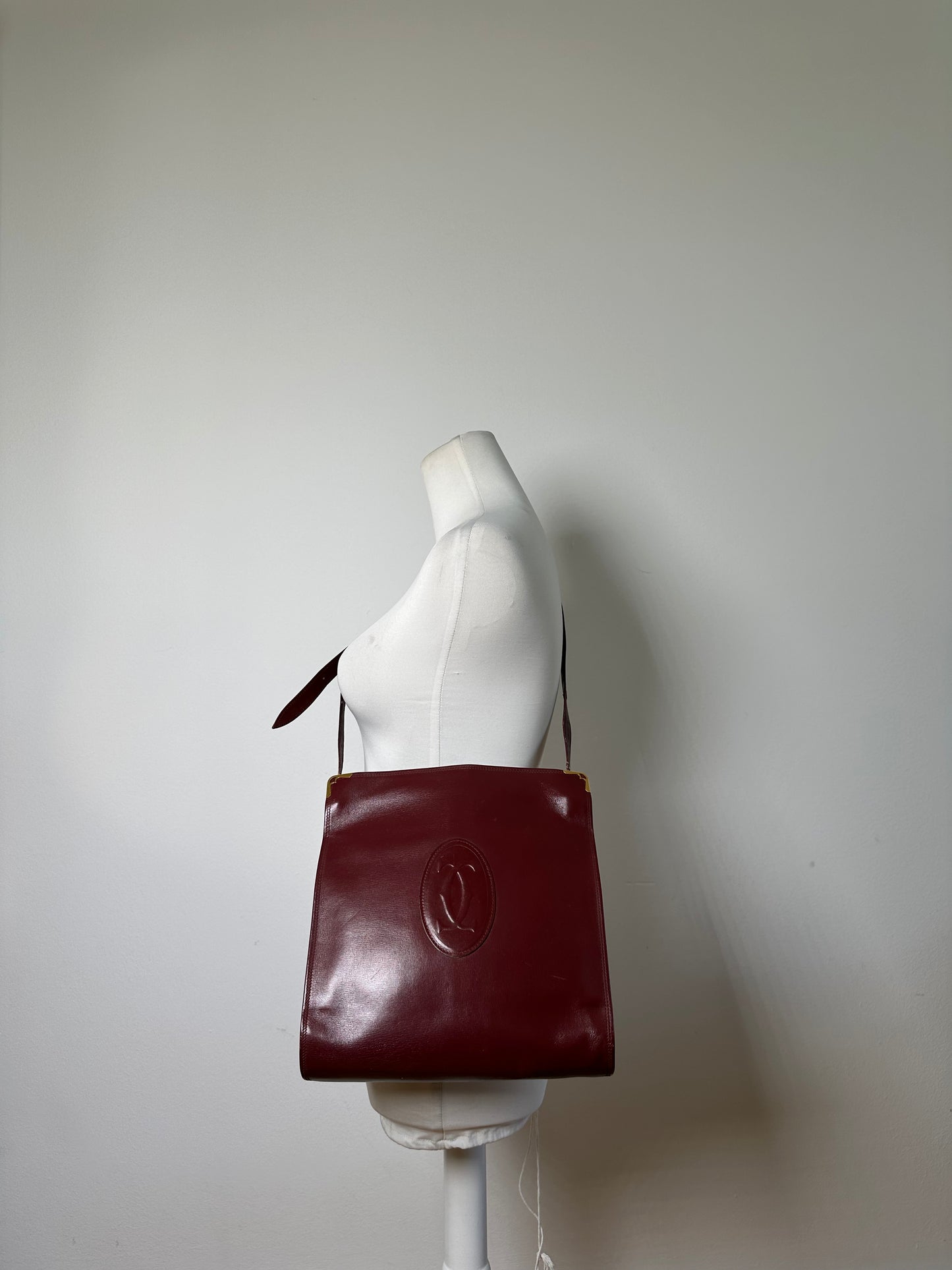Vintage Cartier Leather Shoulder Bag Burgundy Gold