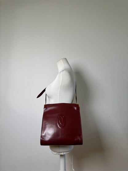Vintage Cartier Leather Shoulder Bag Burgundy Gold