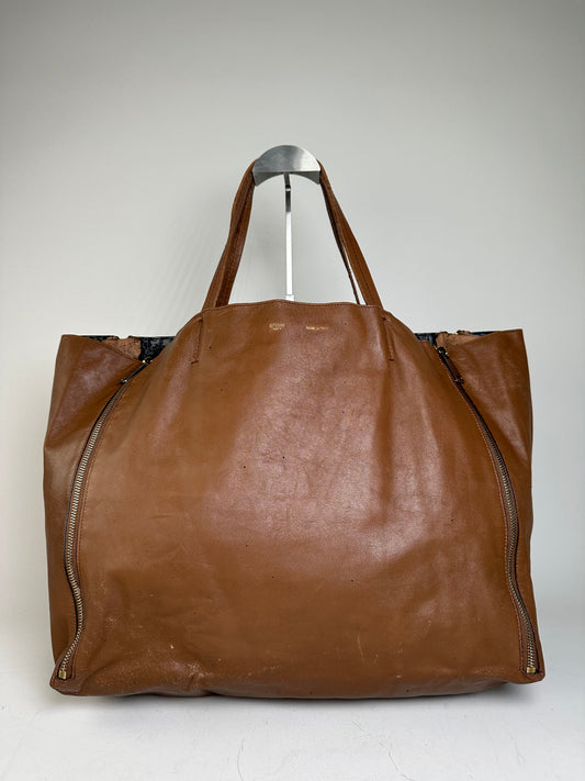 Vintage Celine Leather Tote Bag Brown Silver c. 2000s