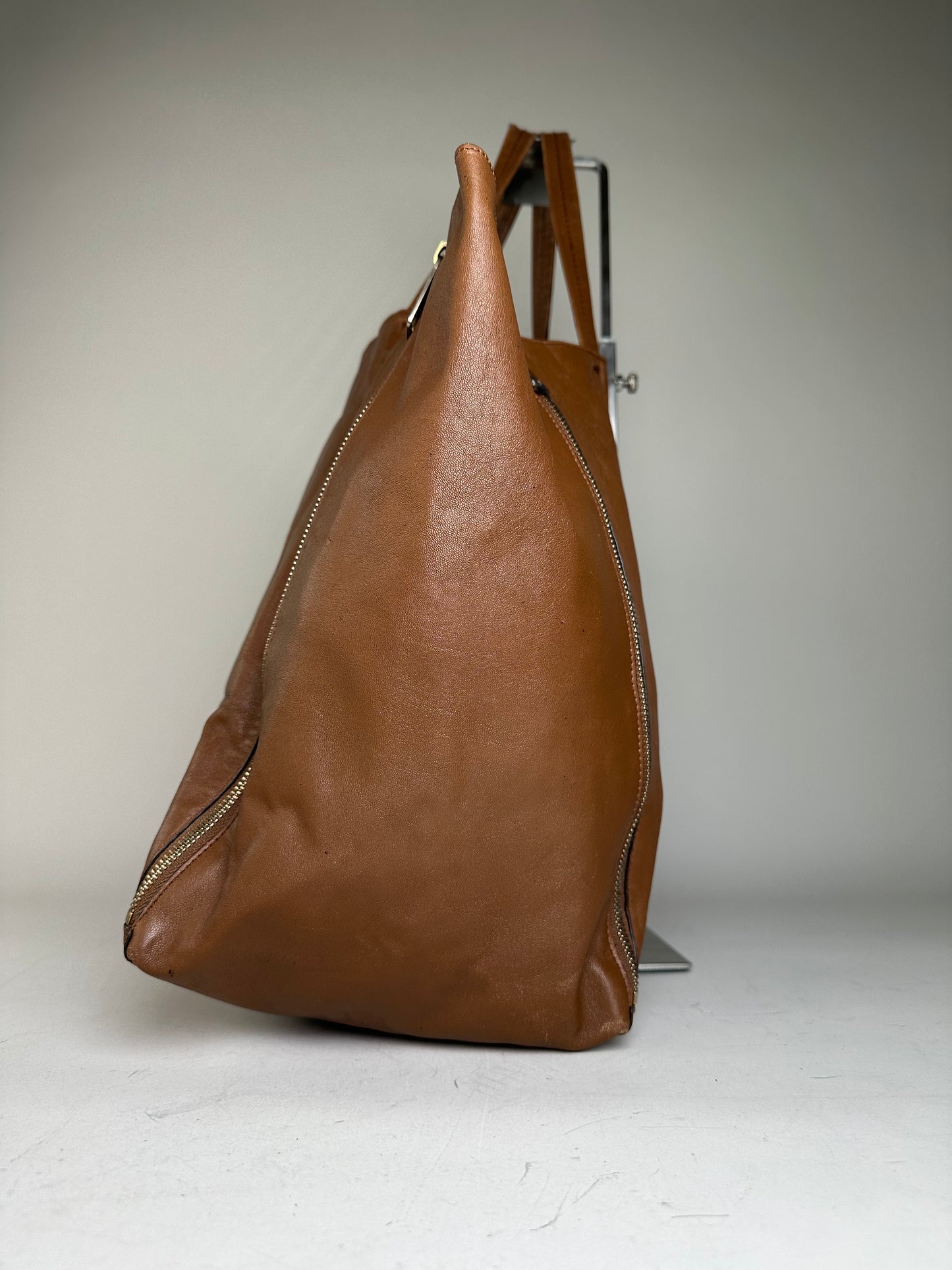 Vintage Celine Leather Tote Bag Brown Silver c. 2000s