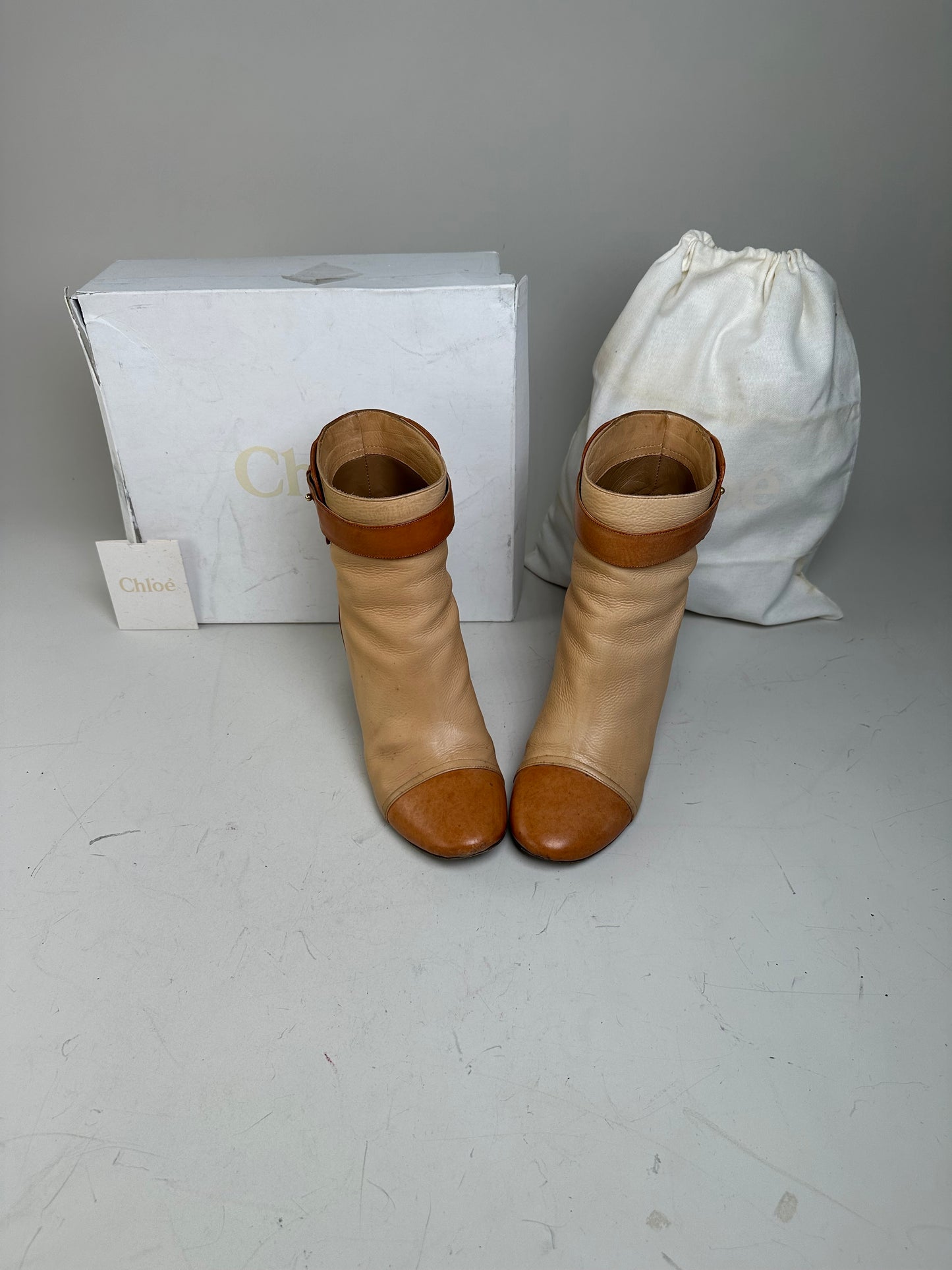 Vintage Chloe Leather Ankle Boots Beige Tan EU37