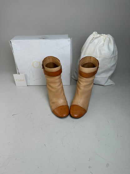 Vintage Chloe Leather Ankle Boots Beige Tan EU37