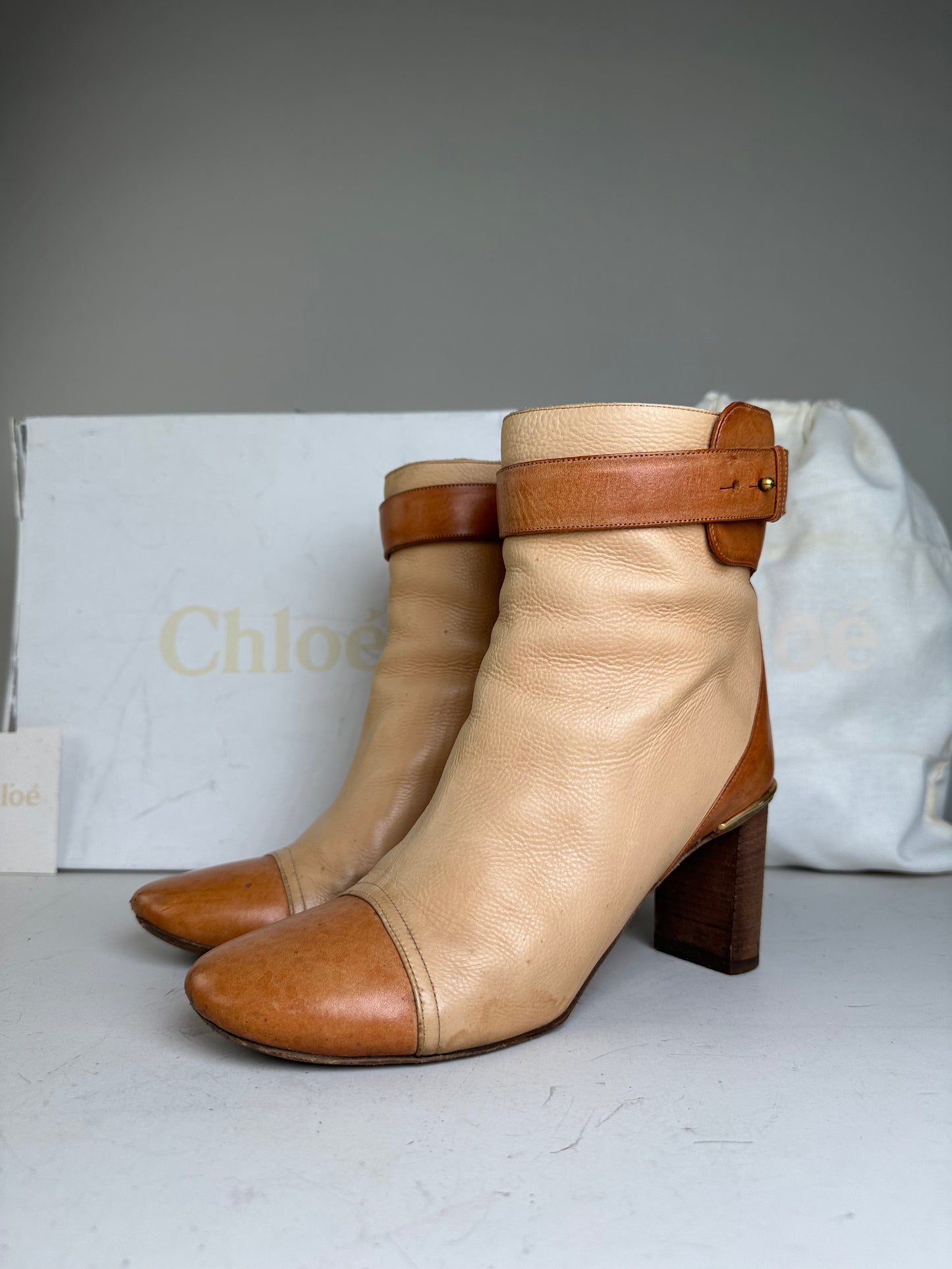 Vintage Chloe Leather Ankle Boots Beige Tan EU37