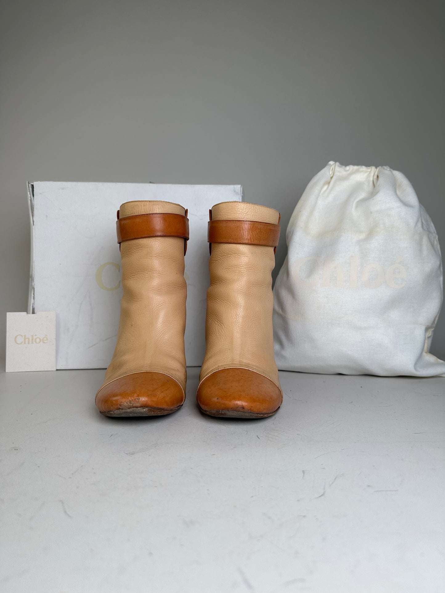 Vintage Chloe Leather Ankle Boots Beige Tan EU37