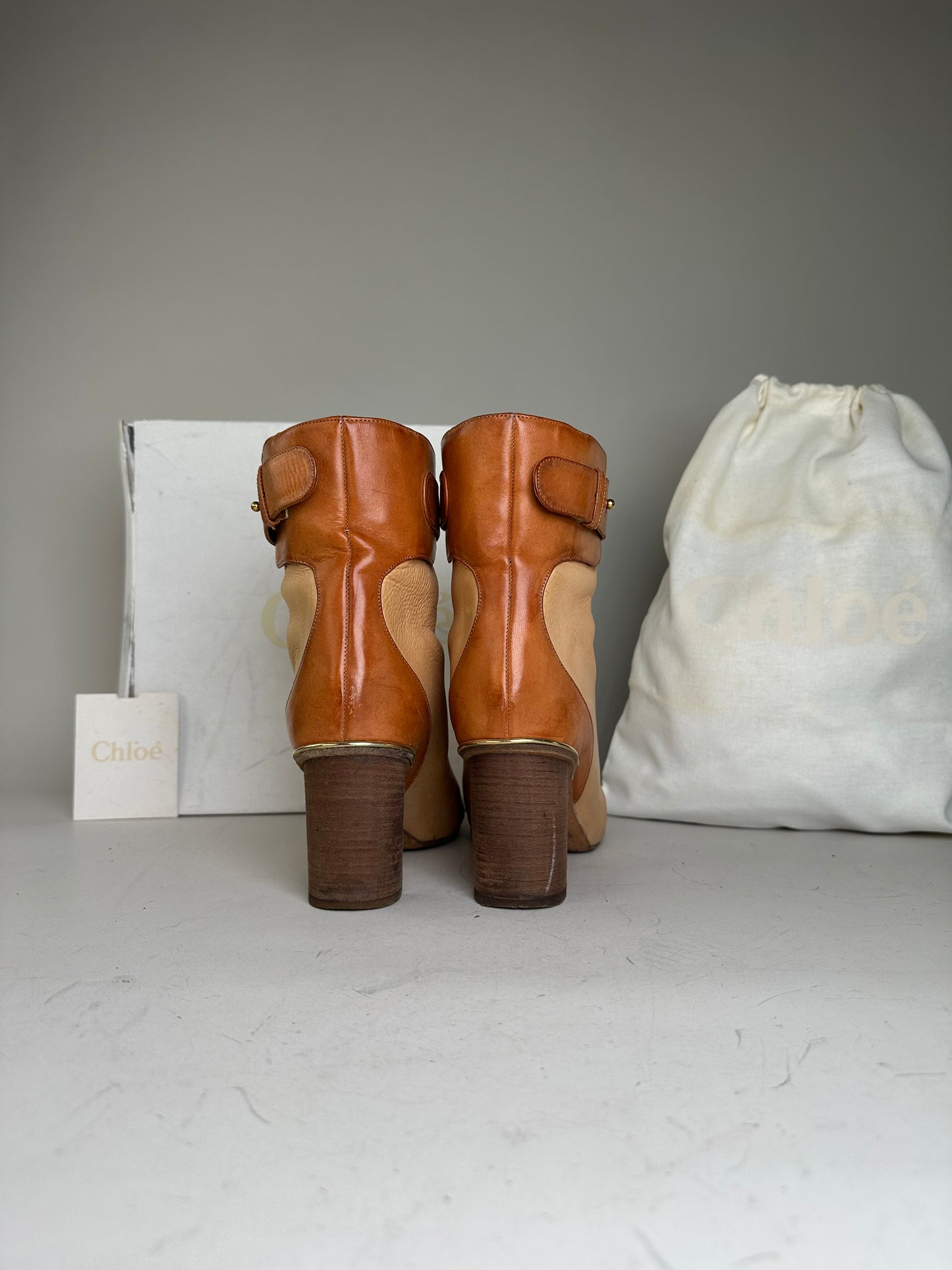 Vintage Chloe Leather Ankle Boots Beige Tan EU37