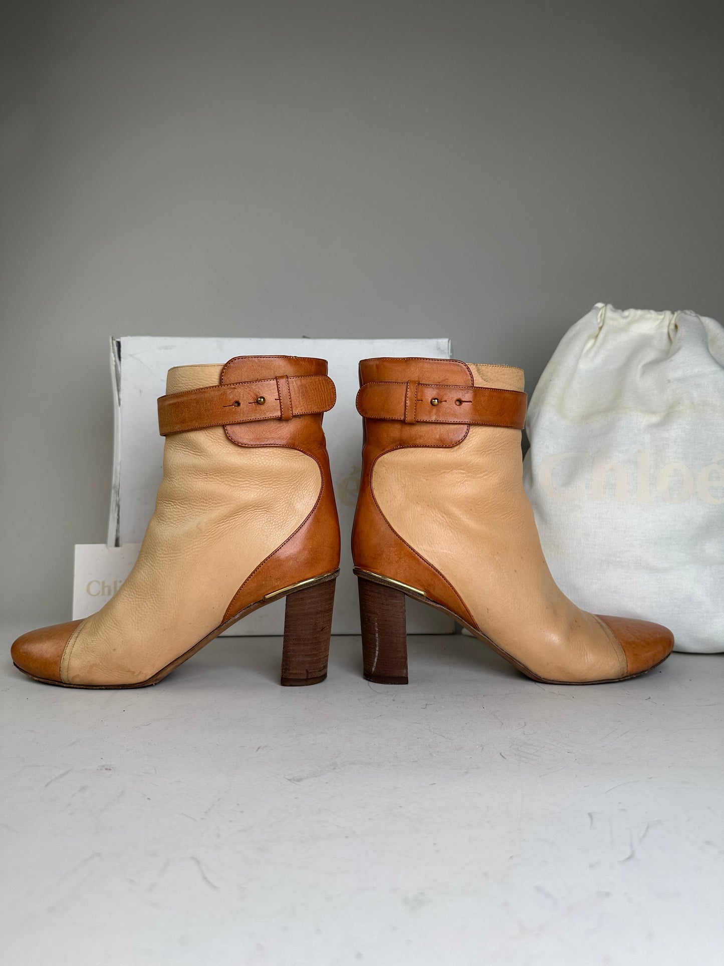 Vintage Chloe Leather Ankle Boots Beige Tan EU37
