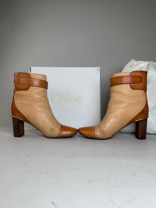 Vintage Chloe Leather Ankle Boots Beige Tan EU37