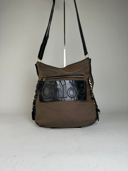 Vintage Chloe Canvas Leather Hobo Bag Brown Black Gold