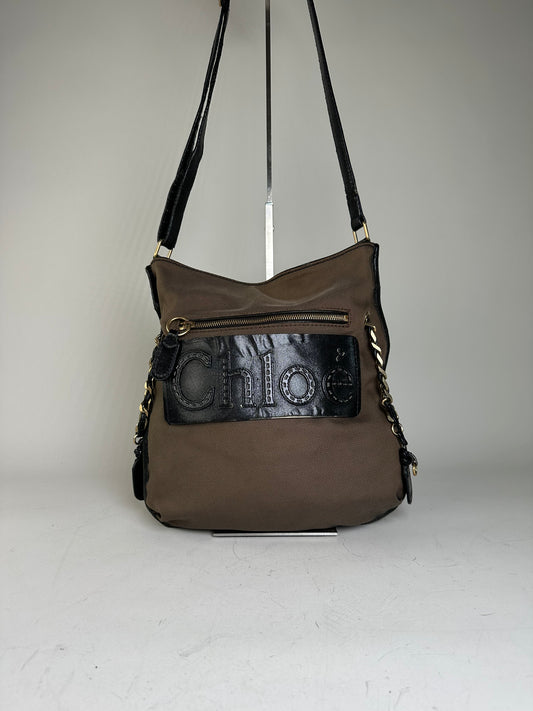 Vintage Chloe Canvas Leather Hobo Bag Brown Black Gold