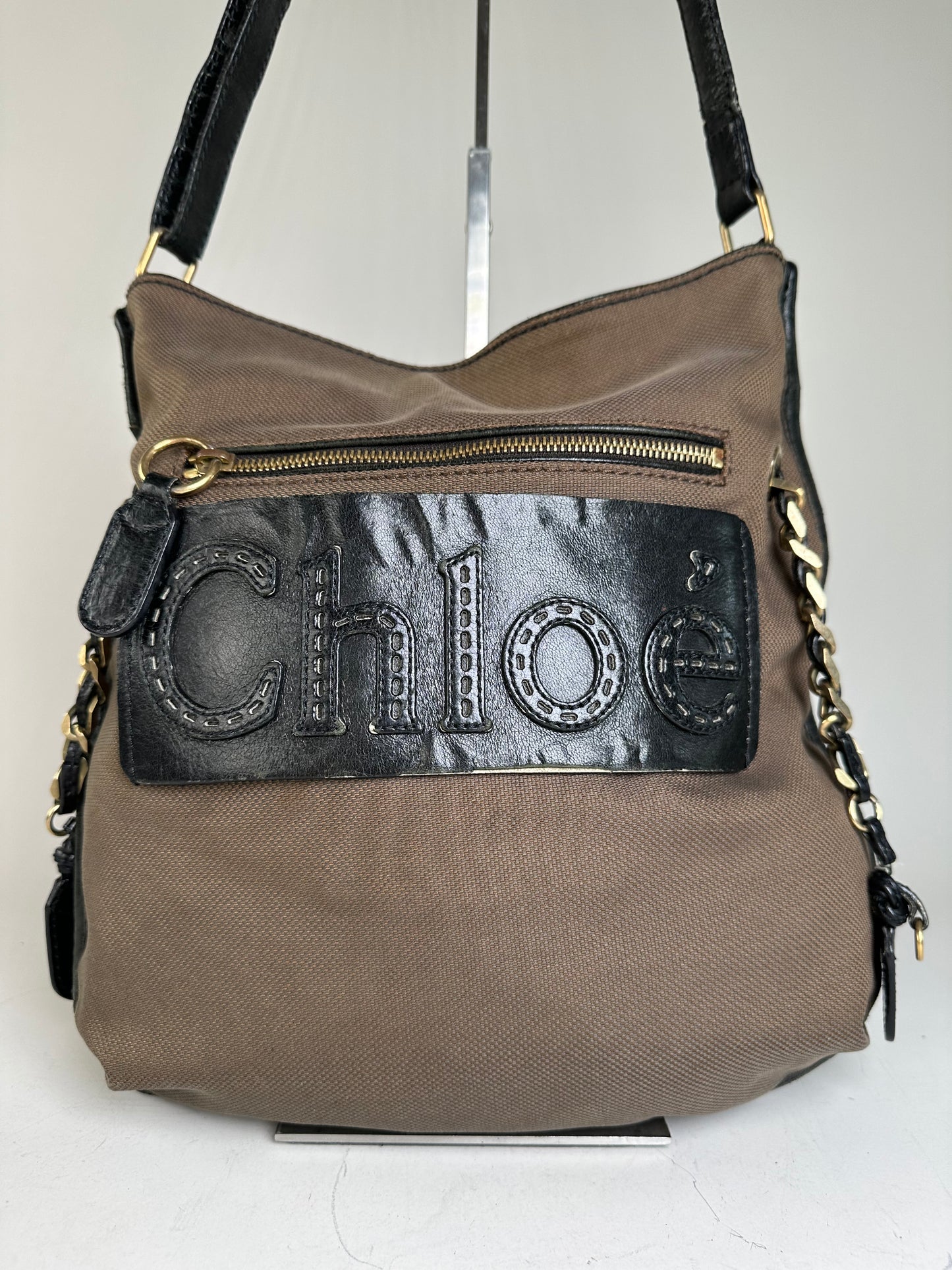 Vintage Chloe Canvas Leather Hobo Bag Brown Black Gold