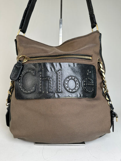 Vintage Chloe Canvas Leather Hobo Bag Brown Black Gold