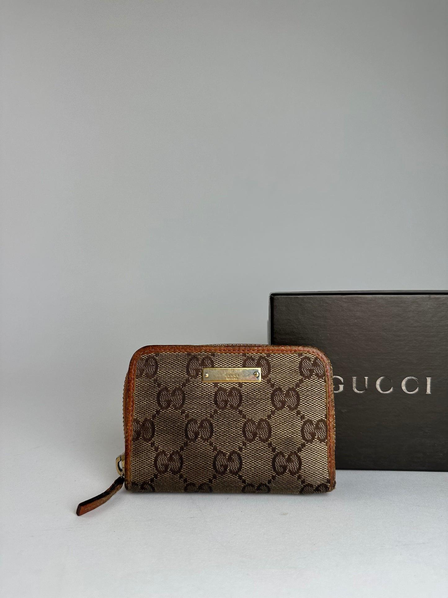 Vintage Gucci Monogram Canvas Leather Card Holder Beige Brown