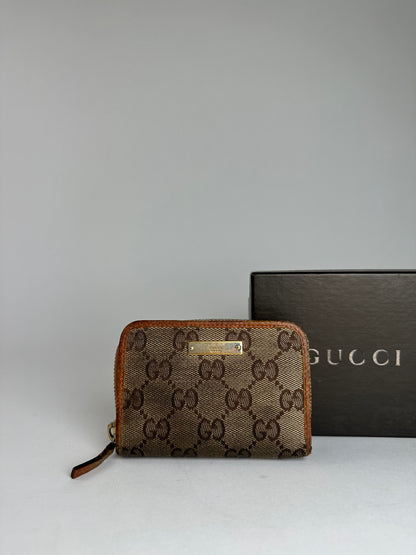Vintage Gucci Monogram Canvas Leather Card Holder Beige Brown
