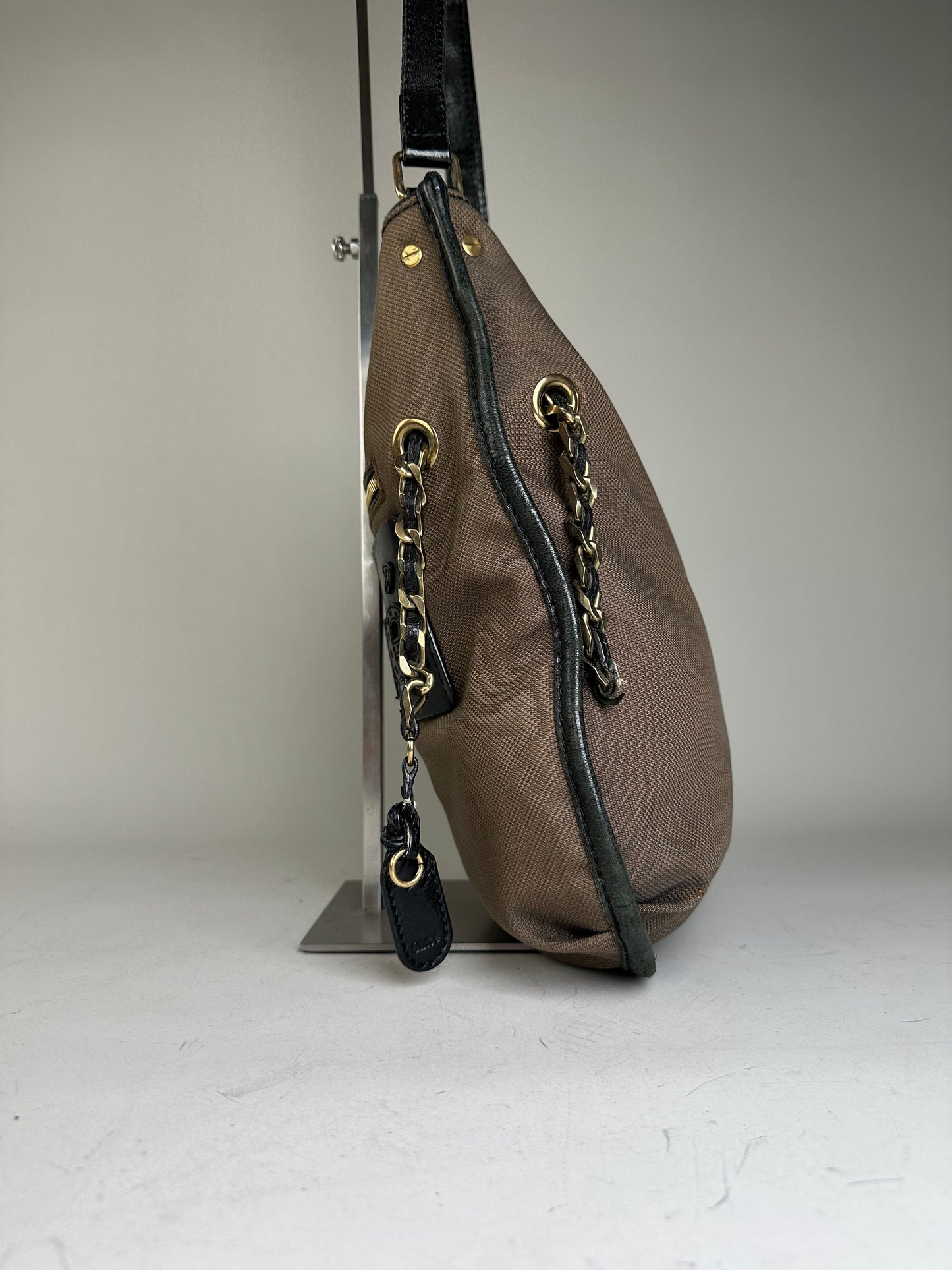 Vintage Chloe Canvas Leather Hobo Bag Brown Black Gold