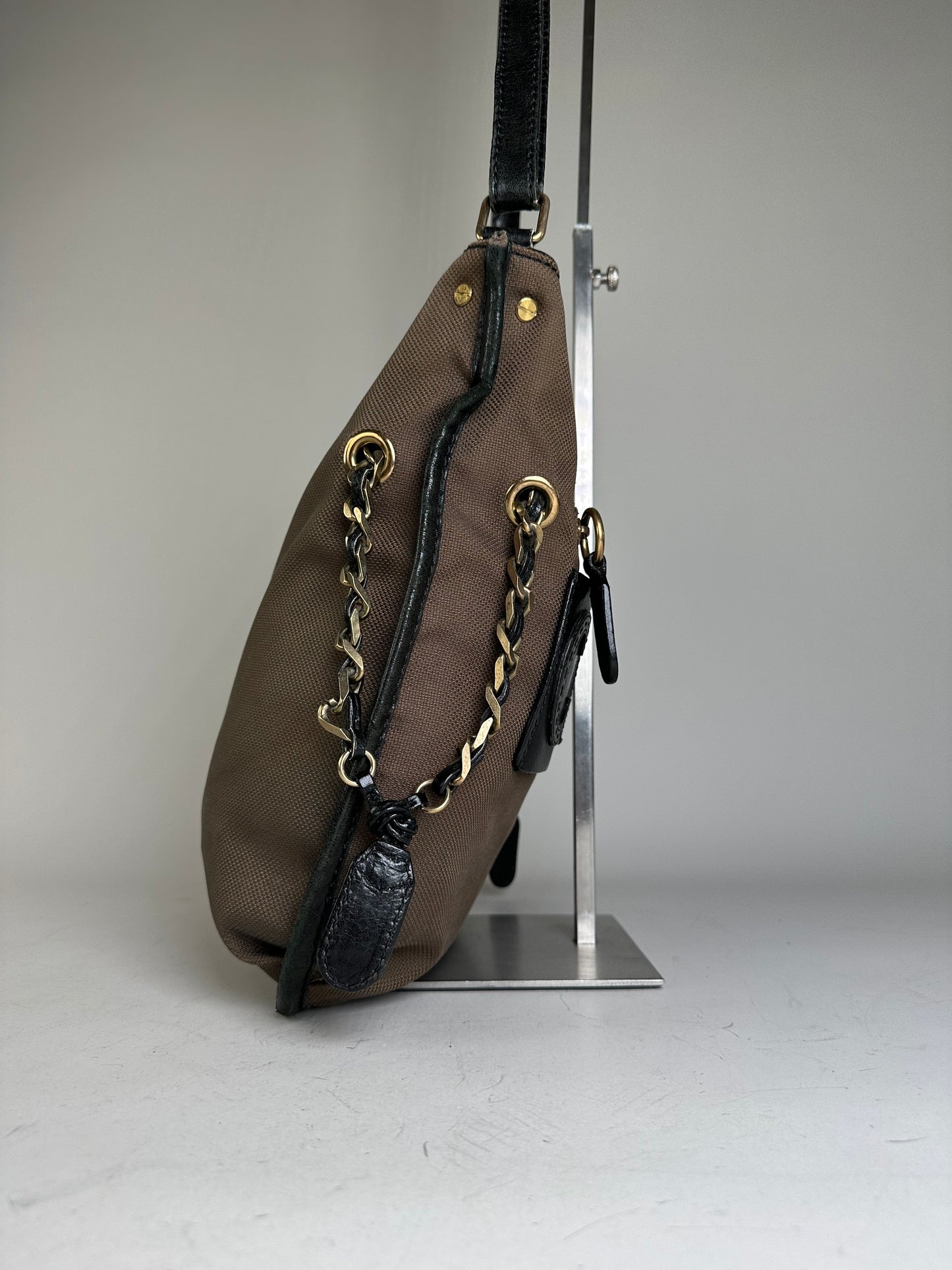 Vintage Chloe Canvas Leather Hobo Bag Brown Black Gold