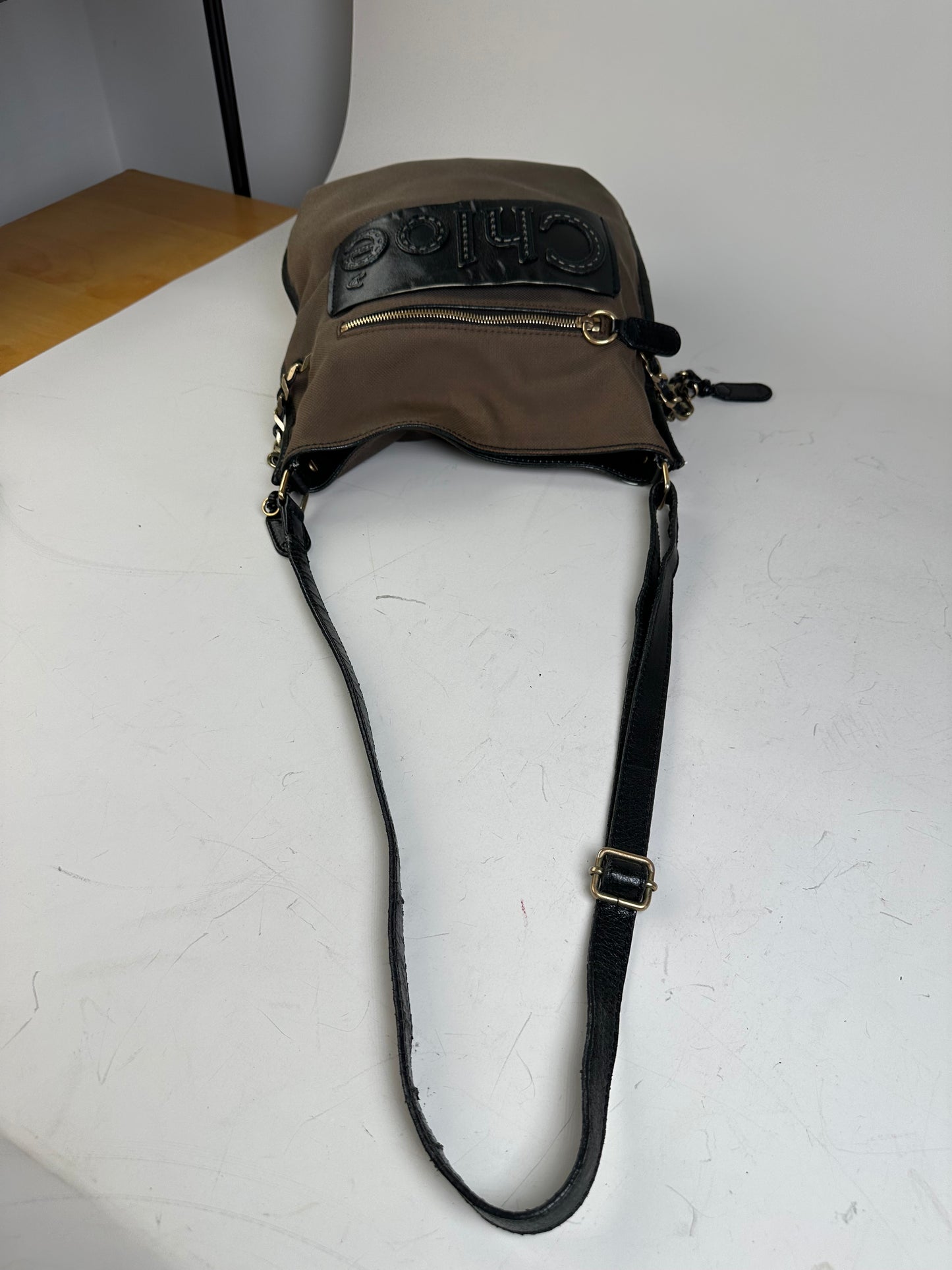 Vintage Chloe Canvas Leather Hobo Bag Brown Black Gold