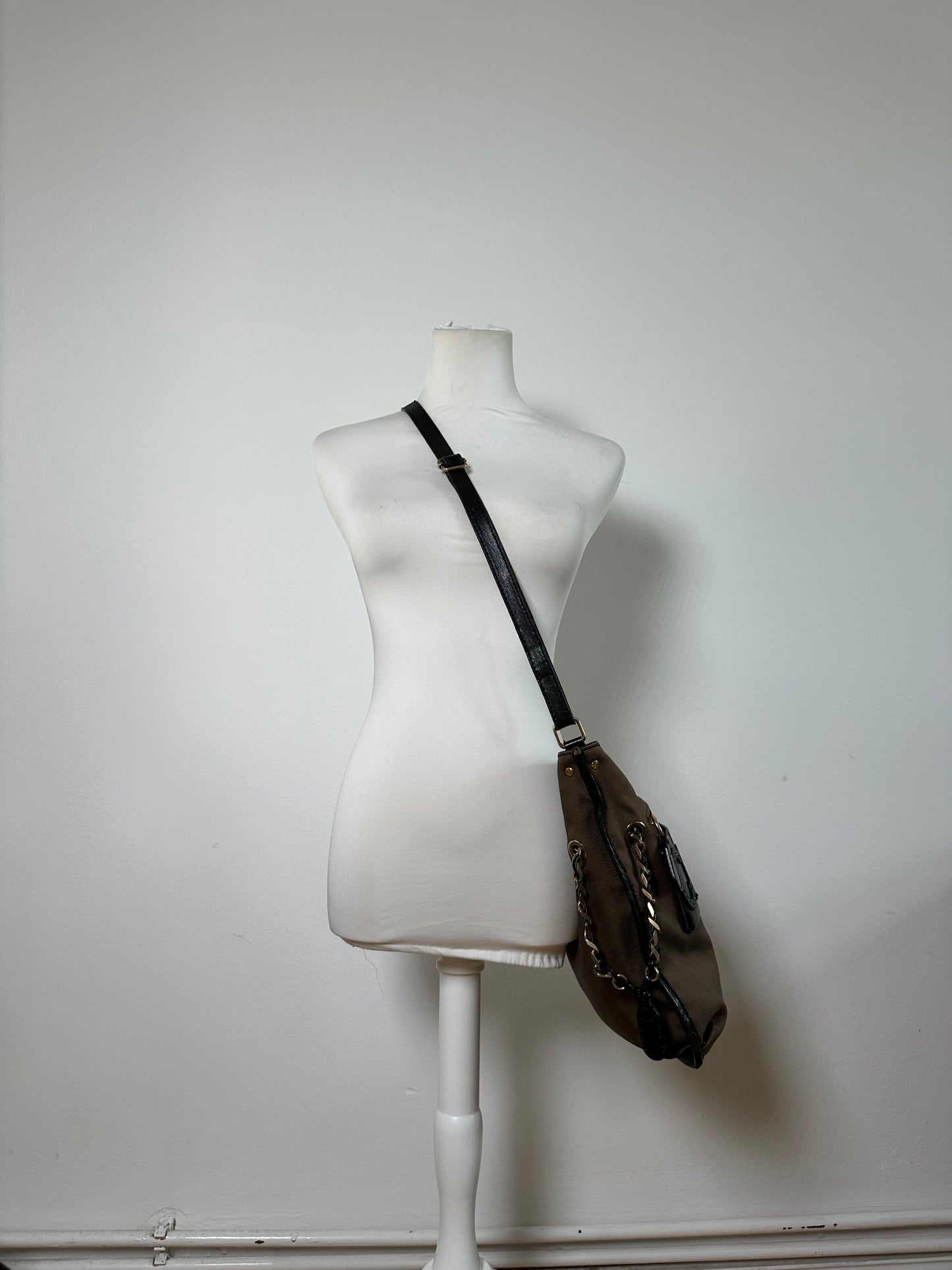 Vintage Chloe Canvas Leather Hobo Bag Brown Black Gold
