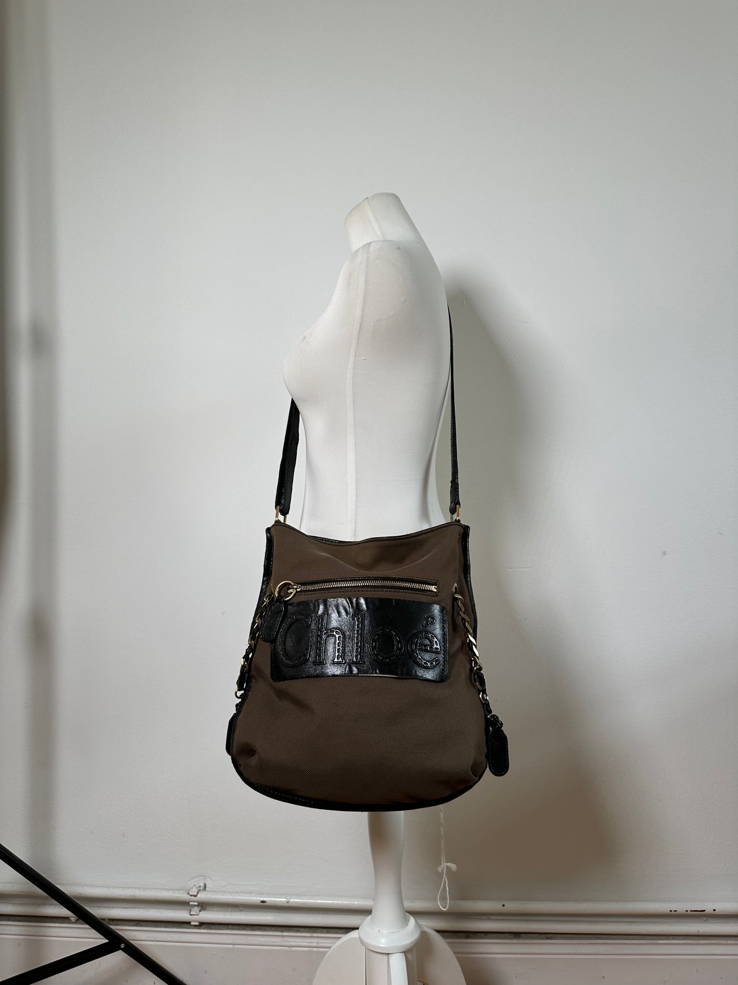 Vintage Chloe Canvas Leather Hobo Bag Brown Black Gold