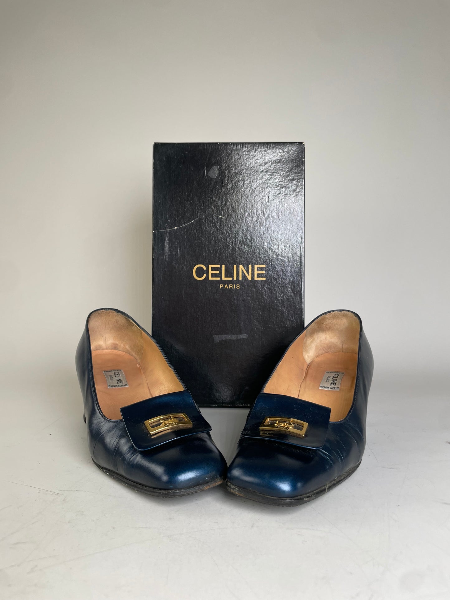 Vintage Celine Leather Heeled Pumps Navy Gold EU37.5