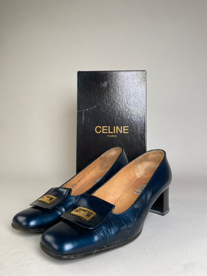 Vintage Celine Leather Heeled Pumps Navy Gold EU37.5