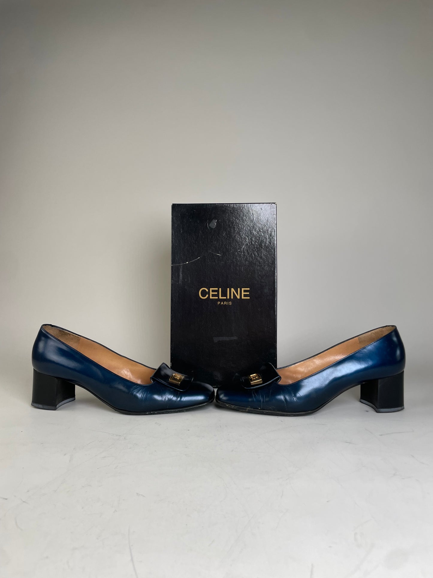 Vintage Celine Leather Heeled Pumps Navy Gold EU37.5