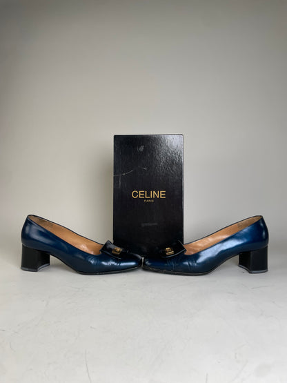 Vintage Celine Leather Heeled Pumps Navy Gold EU37.5