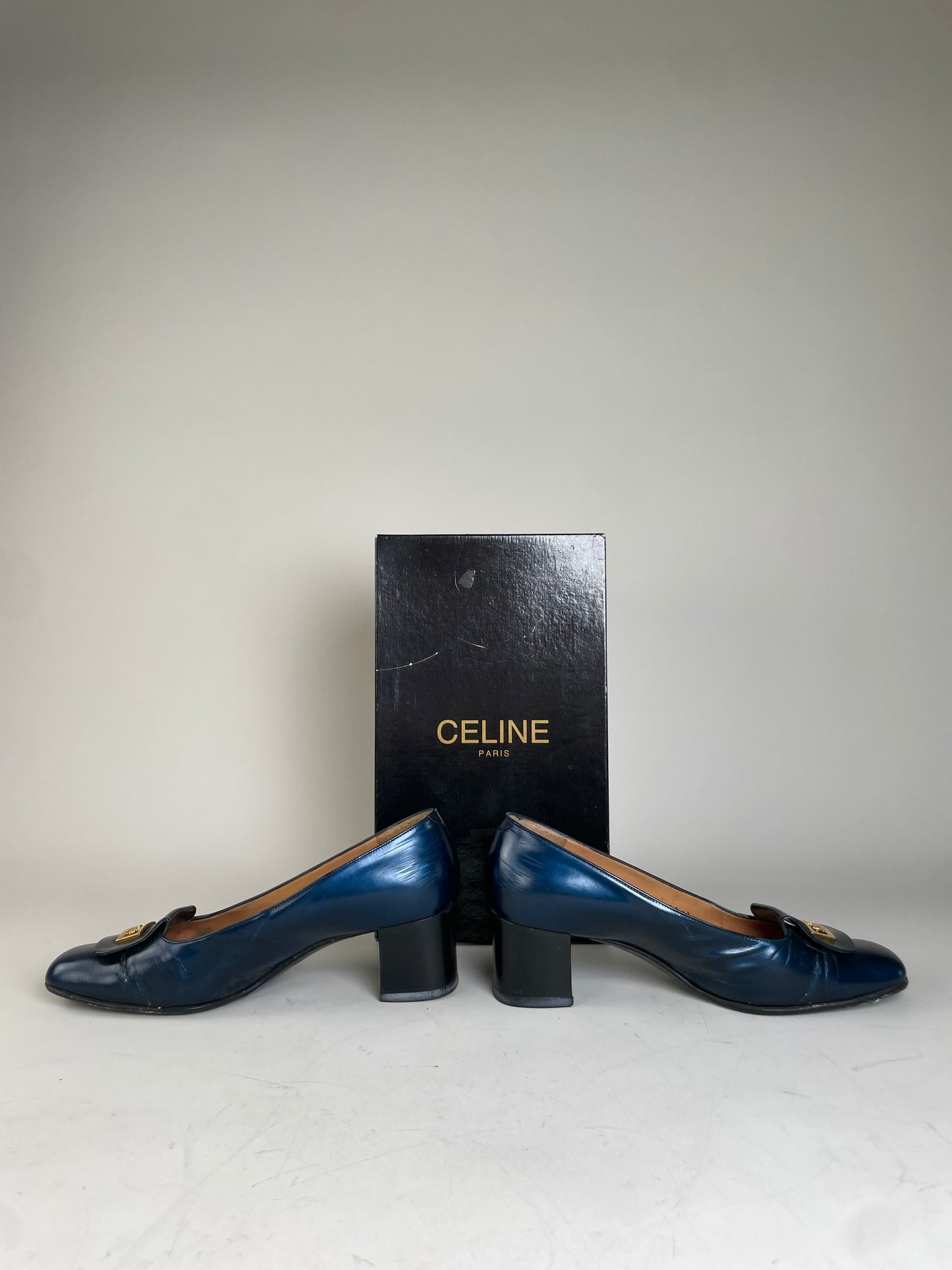 Vintage Celine Leather Heeled Pumps Navy Gold EU37.5