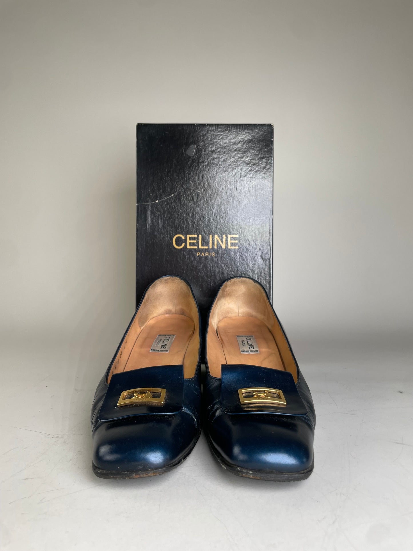 Vintage Celine Leather Heeled Pumps Navy Gold EU37.5
