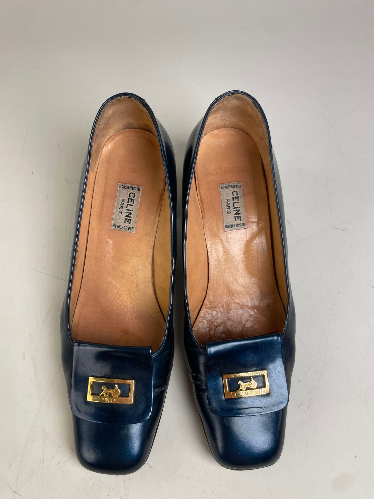 Vintage Celine Leather Heeled Pumps Navy Gold EU37.5