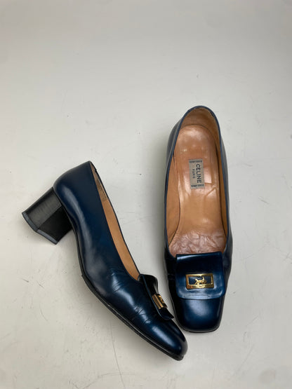 Vintage Celine Leather Heeled Pumps Navy Gold EU37.5